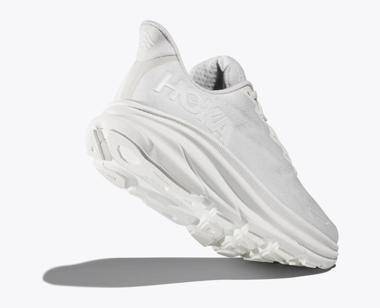 Lightweight Clifton 9 running shoe with breathable upper and EVA midsole.