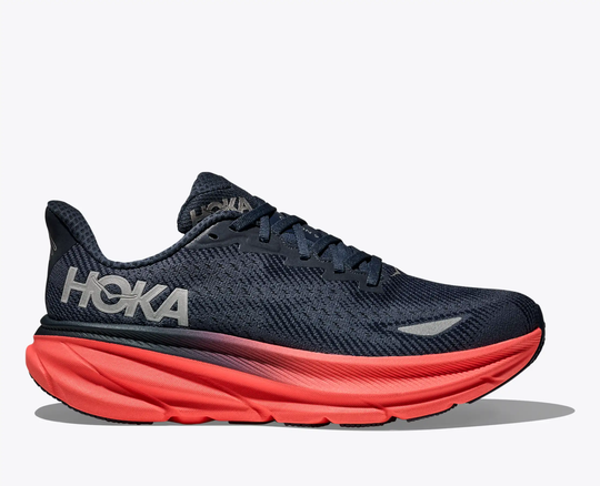 Clifton 9 Gtx running shoe with GORE-TEX Invisible Fit, 360° reflectivity, and enhanced traction in a blue and orange color scheme.