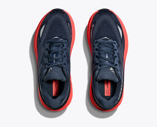 Clifton 9 Gtx running shoes with GORE-TEX, navy upper, coral sole, top view.