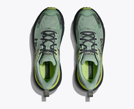 Top view of Challenger 7 GTX trail running shoes with green mesh upper and black laces.