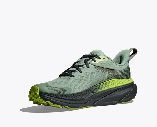 Men's Challenger 7 GTX trail running shoe, green mesh upper, GORE-TEX Invisible Fit, EVA midsole, rugged outsole, designed for mixed terrain.