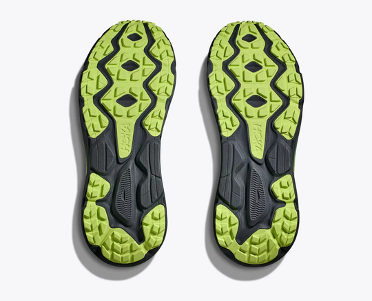 Challenger 7 GTX shoe soles with green and black trail traction pattern.
