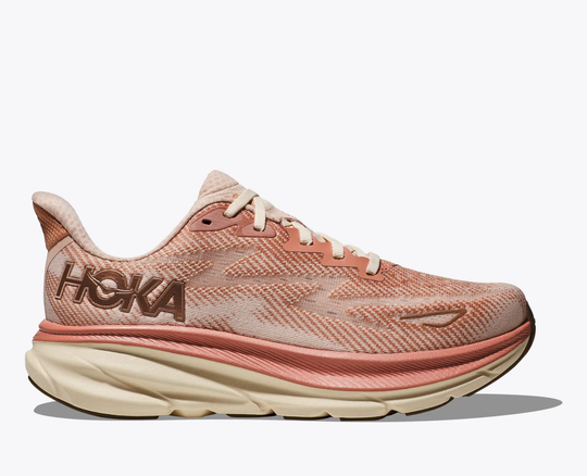 Clifton 9 running shoe, lightweight with enhanced cushioning, pink design.