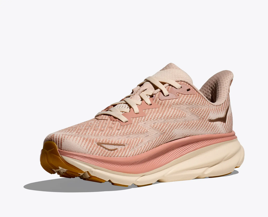 Lightweight pink running shoe, Clifton 9, with breathable mesh upper and cushioned sole.