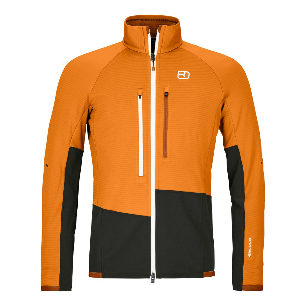 Fleece Rib Jacket M for climbing; durable, breathable, orange with black details, merino wool, high collar, front zipper, chest pockets.