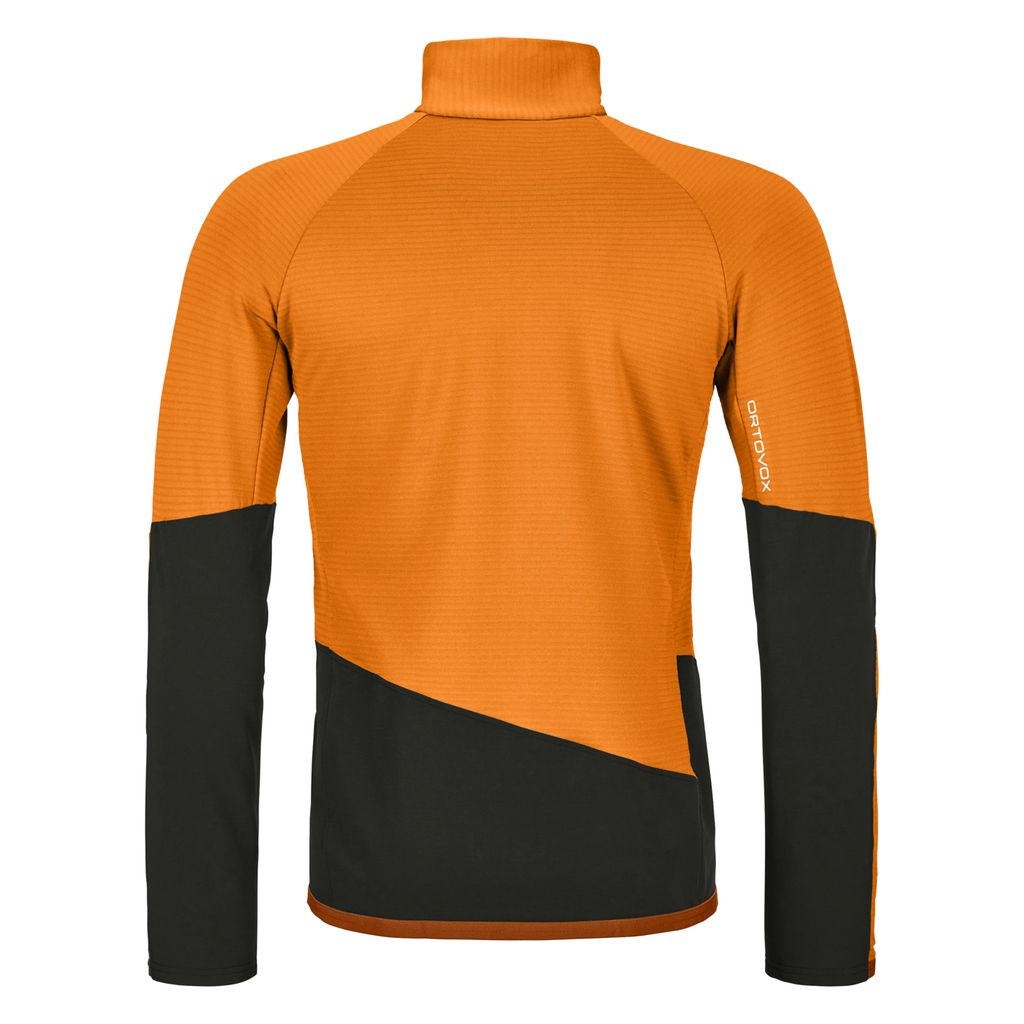 Men's Fleece Rib Jacket in orange with black inserts, designed for climbing, featuring breathable merino wool for moisture regulation and comfort.