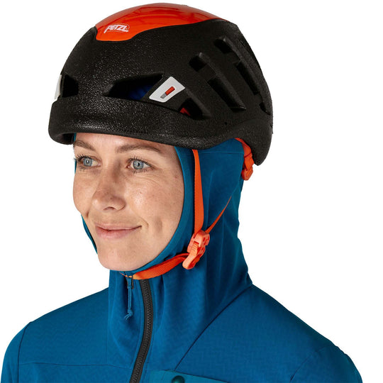 W's R1 Crossstrata Hoody with helmet-compatible hood, abrasion-resistant fabric, and Fair Trade Certified production.