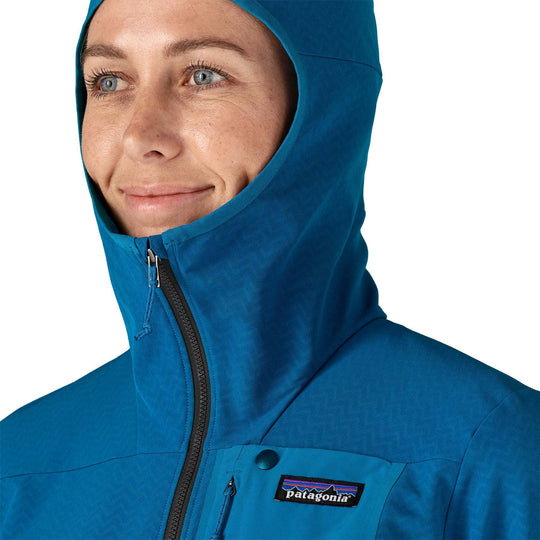 W's R1 Crossstrata Hoody in blue with helmet-compatible hood.