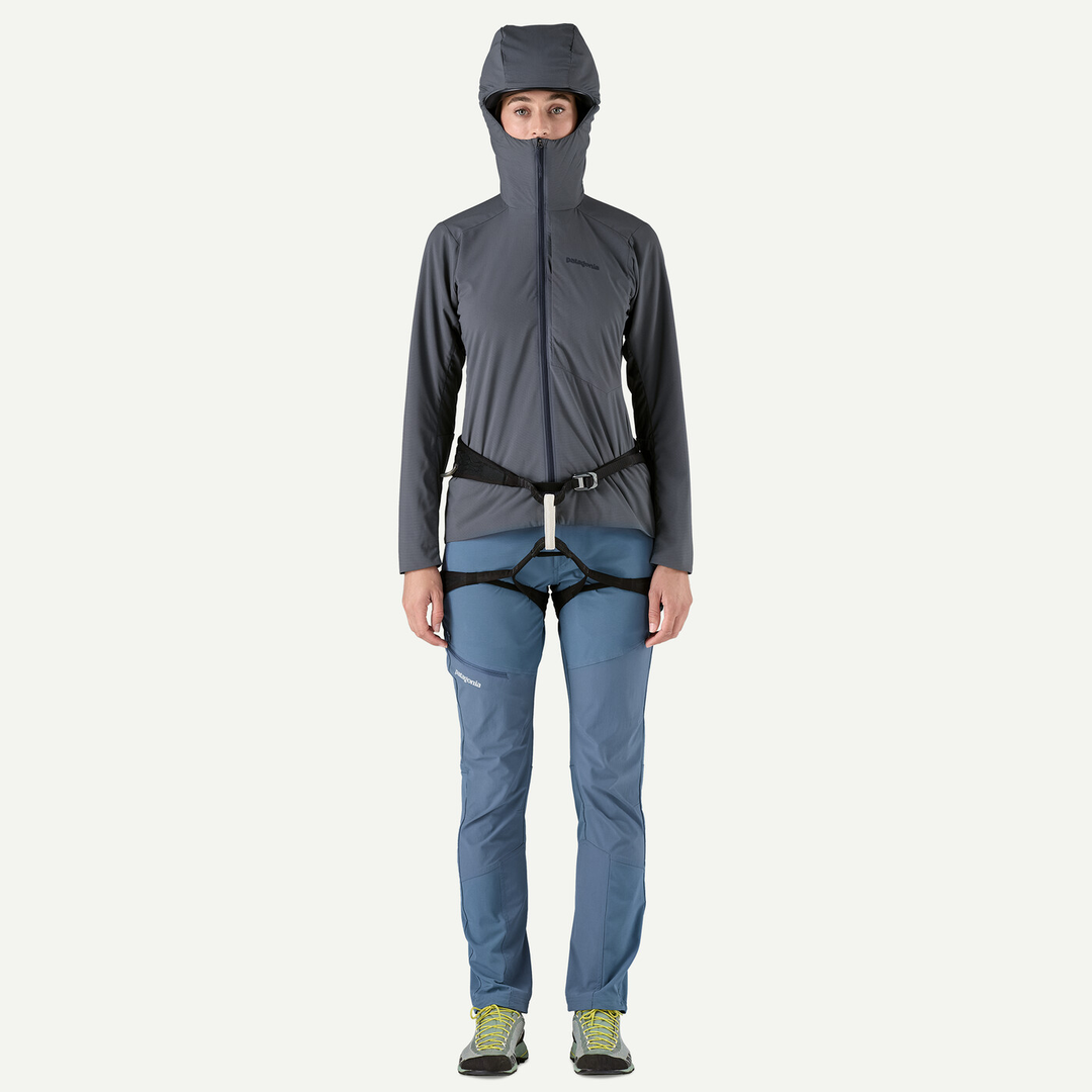 W's Nano-Air Ultralight Full-Zip Hoody, flexible, breathable, lightweight jacket for cold weather activities, shown on model with hood up.