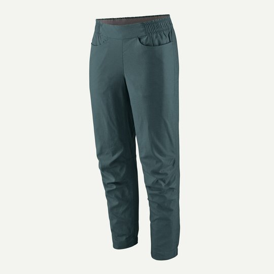 Lightweight and durable climbing pants with elastic waistband, front pockets, and tapered legs.