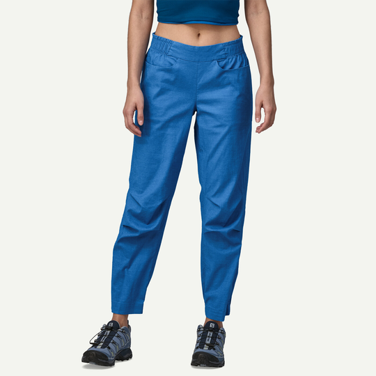 Hampi Rock Pants in blue, lightweight climbing trousers with tapered leg, elastic waistband, and breathable hemp-polyester blend fabric.
