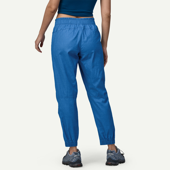 Hampi Rock Pants for women in blue, made from breathable hemp blend, back view.