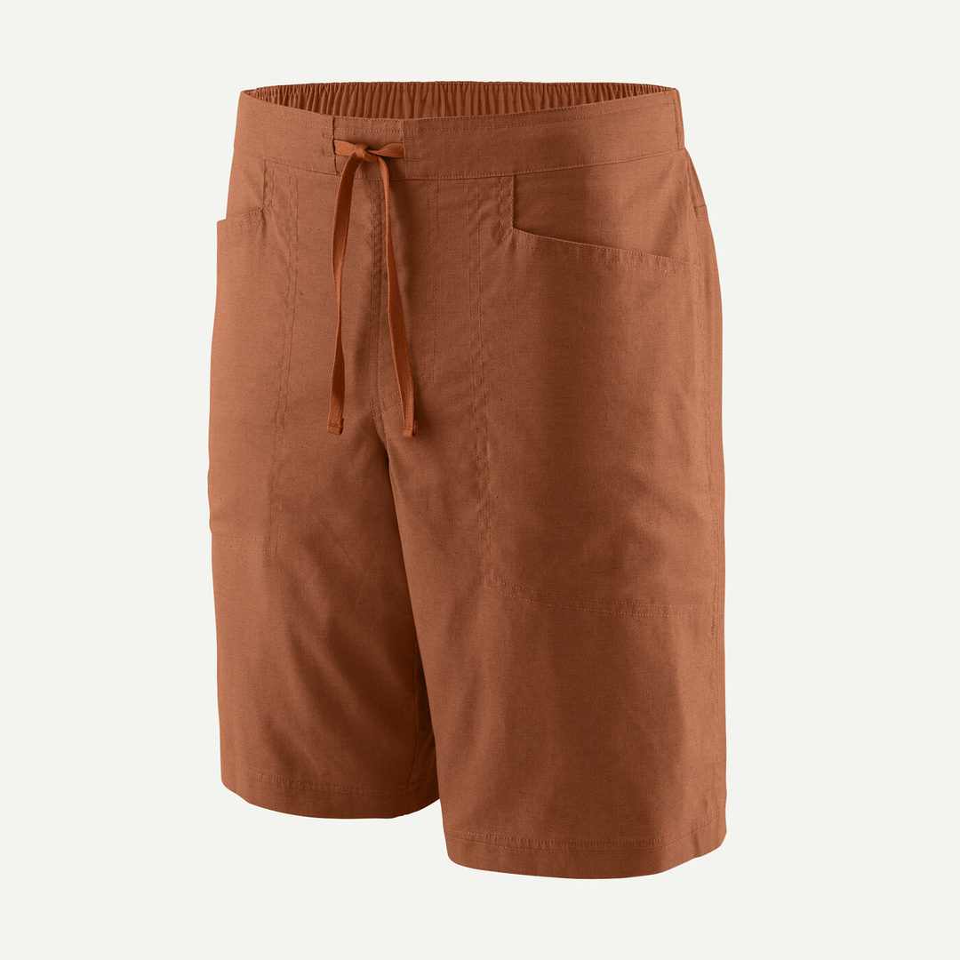 Men's breathable climbing shorts made of organic hemp, recycled polyester, and spandex blend for comfort and durability under harness; Fair Trade Certified™.