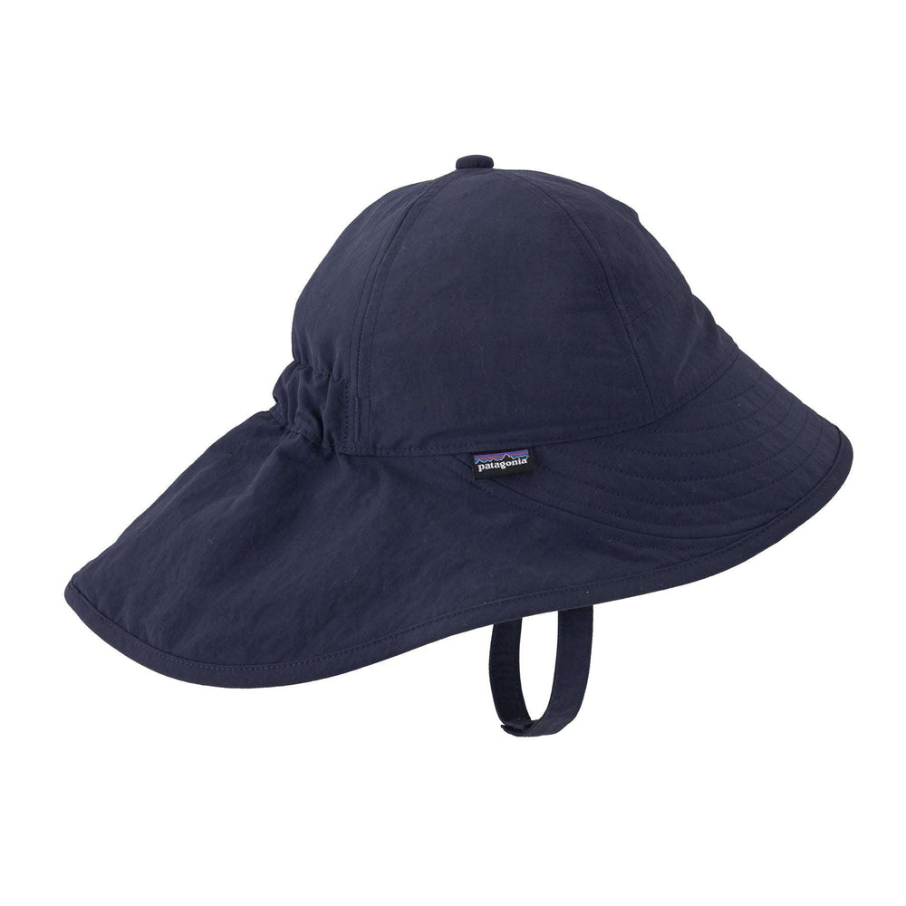 Baby sun hat with wide brim and extended back, adjustable chin strap, made from recycled NetPlus® nylon with UPF 40+ protection.