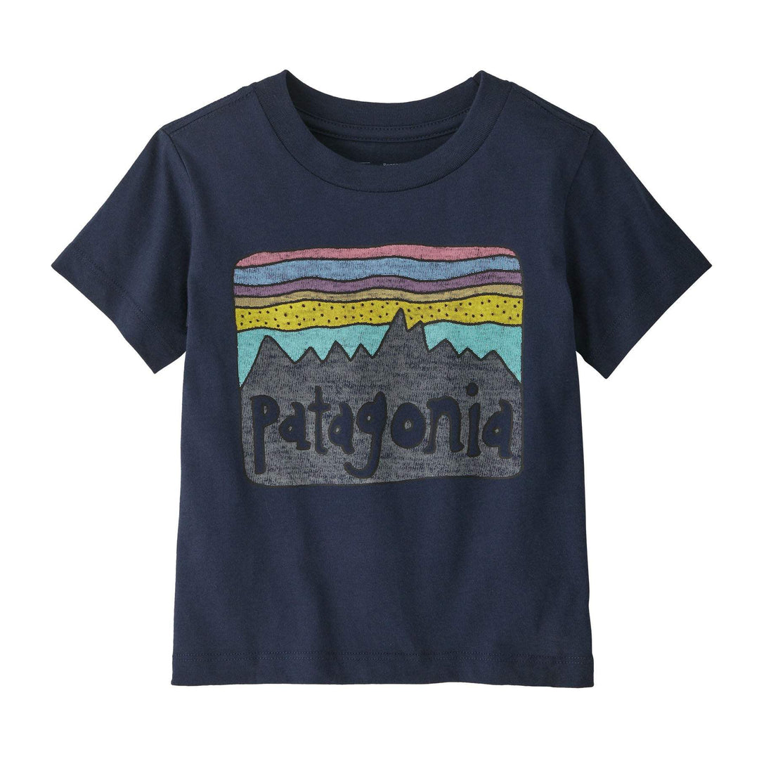 Baby Fitz Roy Skies T-Shirt in organic cotton with colorful mountain design.