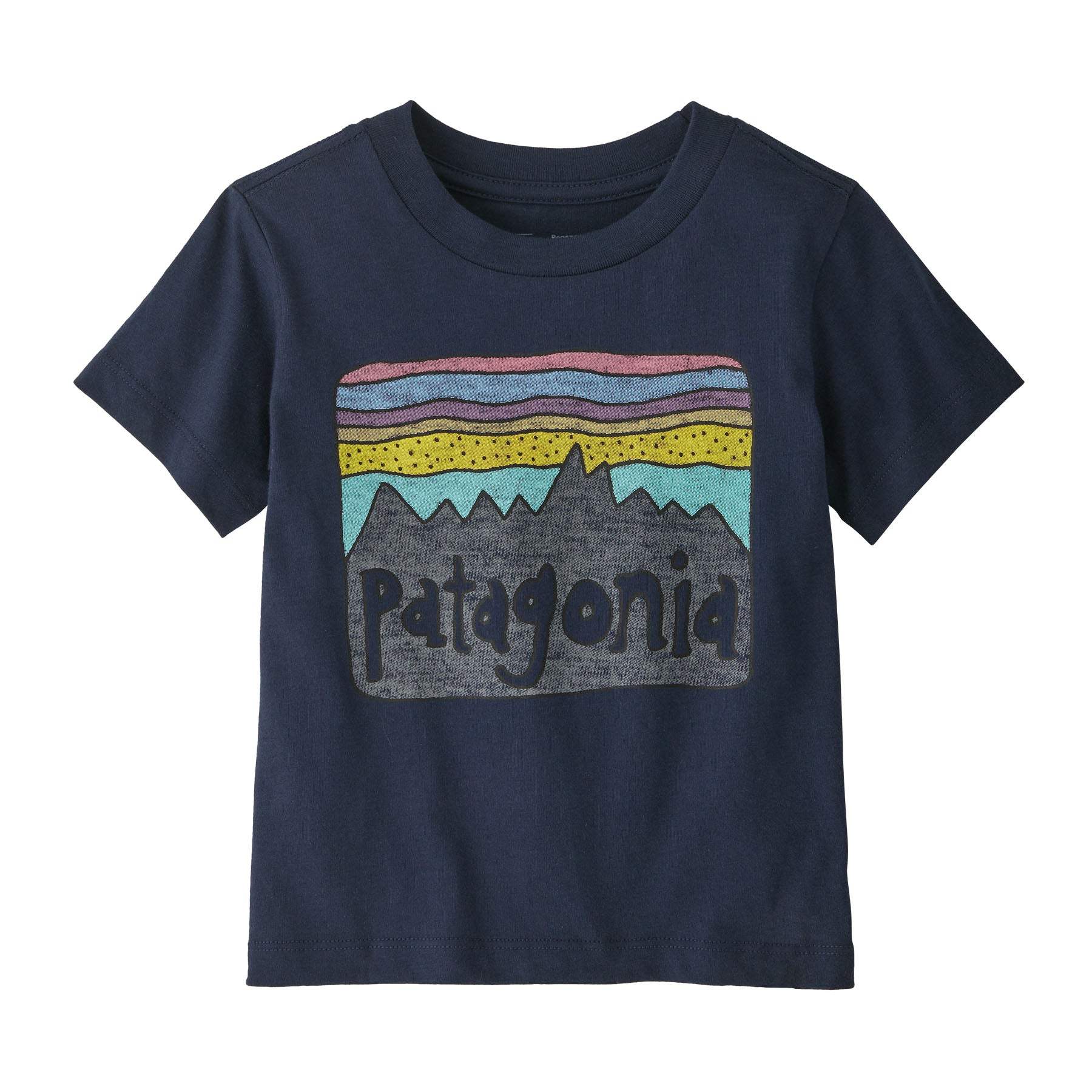 Baby Fitz Roy Skies T-Shirt in organic cotton with colorful mountain design.