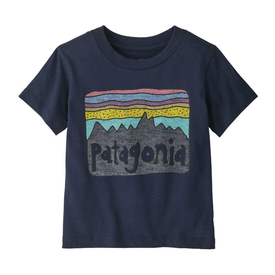 Baby Fitz Roy Skies T-Shirt in organic cotton with colorful mountain design.