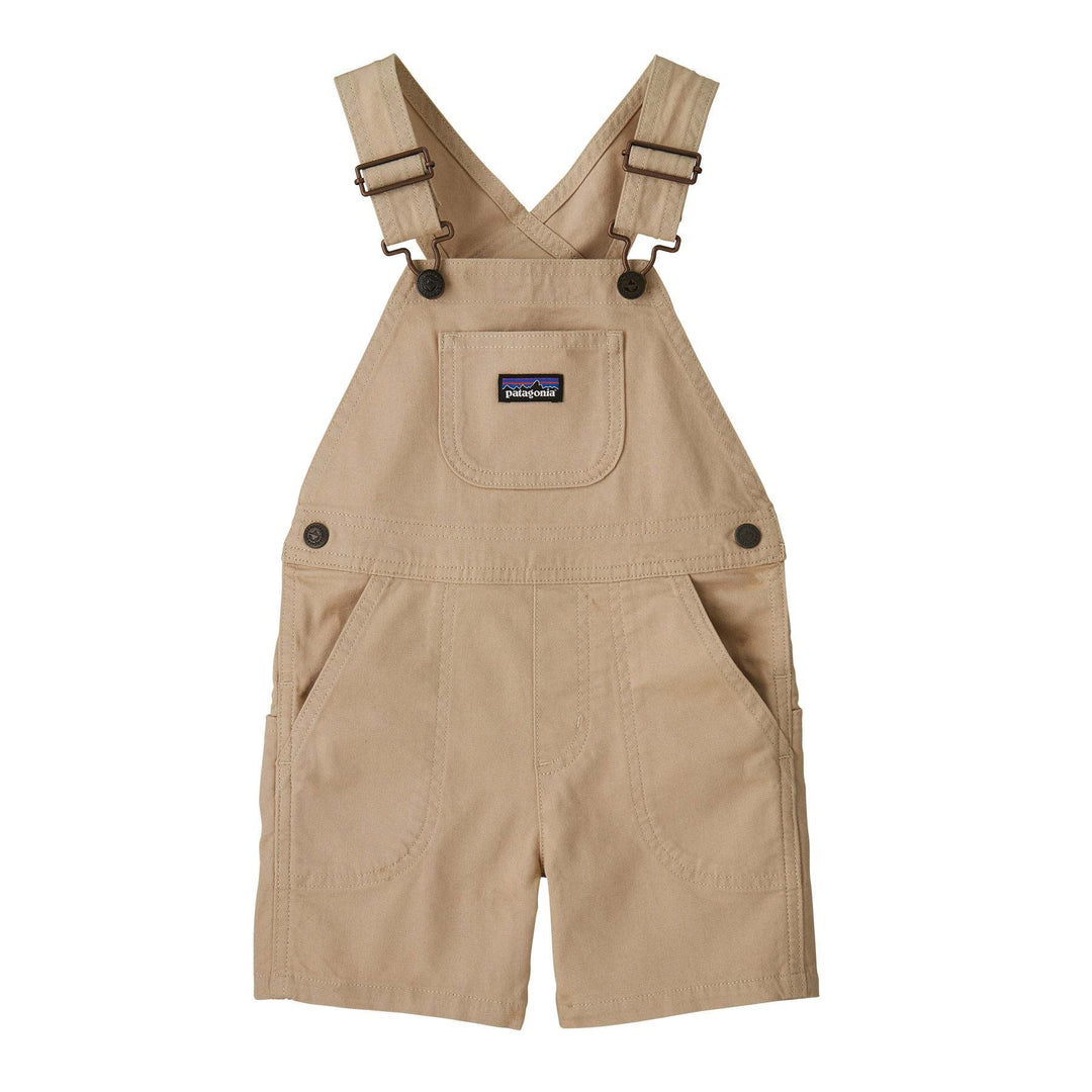 Organic cotton baby stand up shortalls with adjustable straps and multiple pockets.