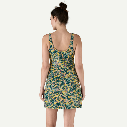 Vestito Maipo da donna in tessuto tecnico stampato con shorts incorporati, ecologico e traspirante.