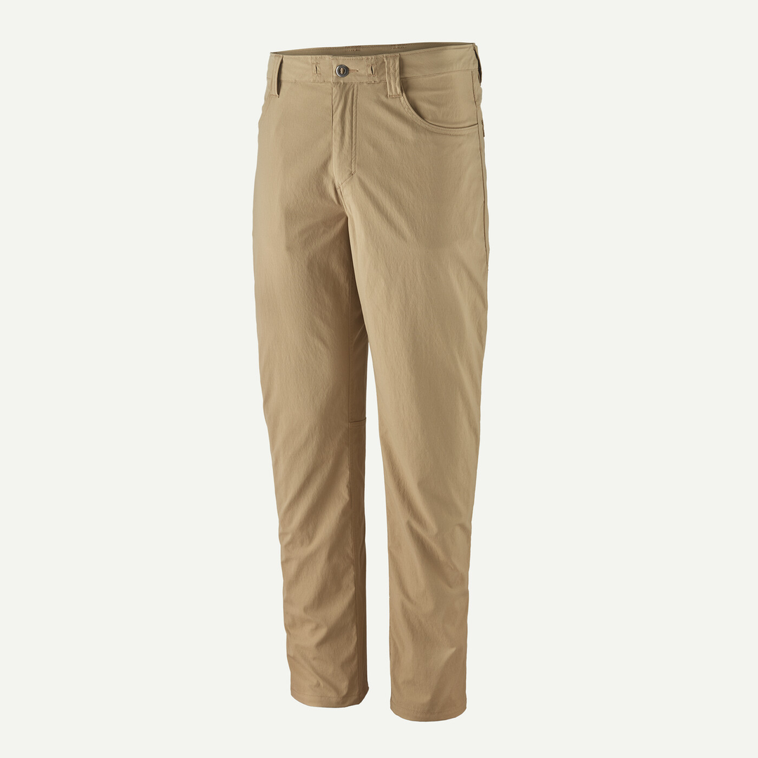 M's Quandary Pants in tan, eco-friendly hiking pants with UPF 40+ protection, made from recycled nylon and elastane.