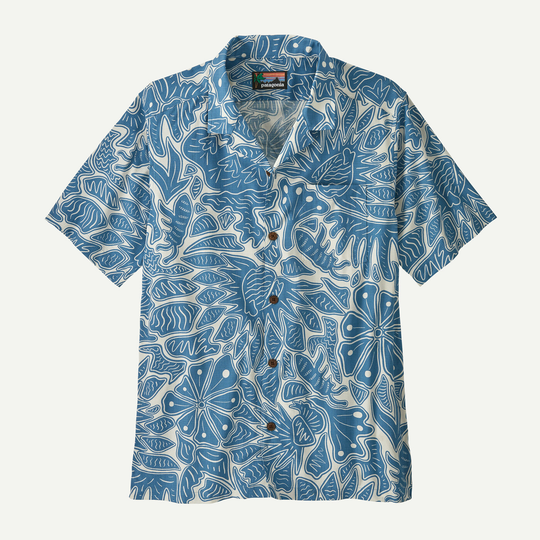 Hawaiian-inspired Tidal Threads Camp Shirt with blue floral patterns, button front, and chest pocket.
