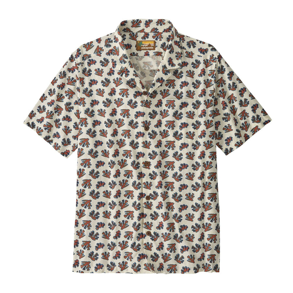 Men's Tidal Threads Camp Shirt with Hawaiian-inspired print, organic cotton fabric, front button placket, and chest pocket.