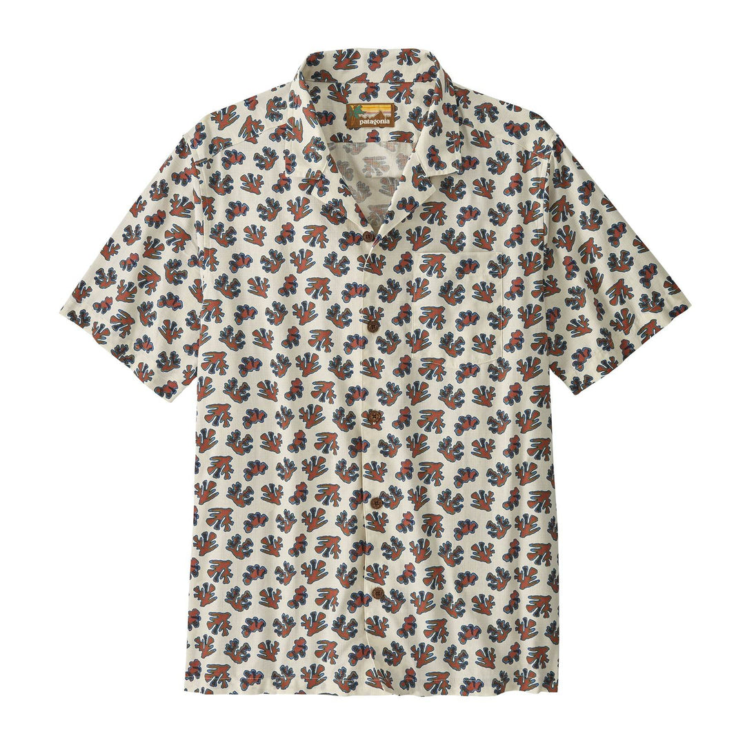 Men's Tidal Threads Camp Shirt with Hawaiian-inspired print, organic cotton fabric, front button placket, and chest pocket.