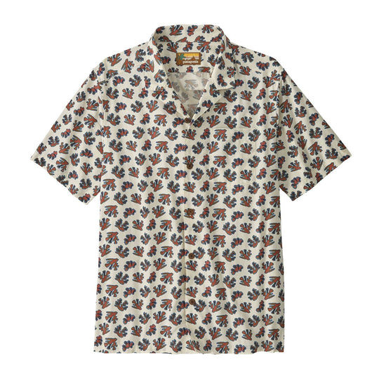 Men's Tidal Threads Camp Shirt with Hawaiian-inspired print, organic cotton fabric, front button placket, and chest pocket.