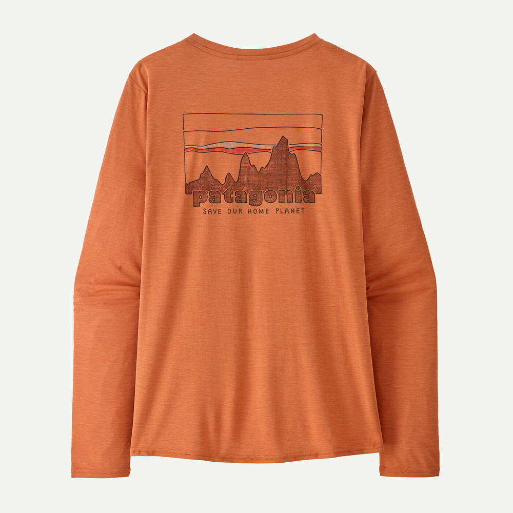 Women's long-sleeve Cap Cool Daily Graphic Shirt in orange with mountain design, breathable and odor-resistant.