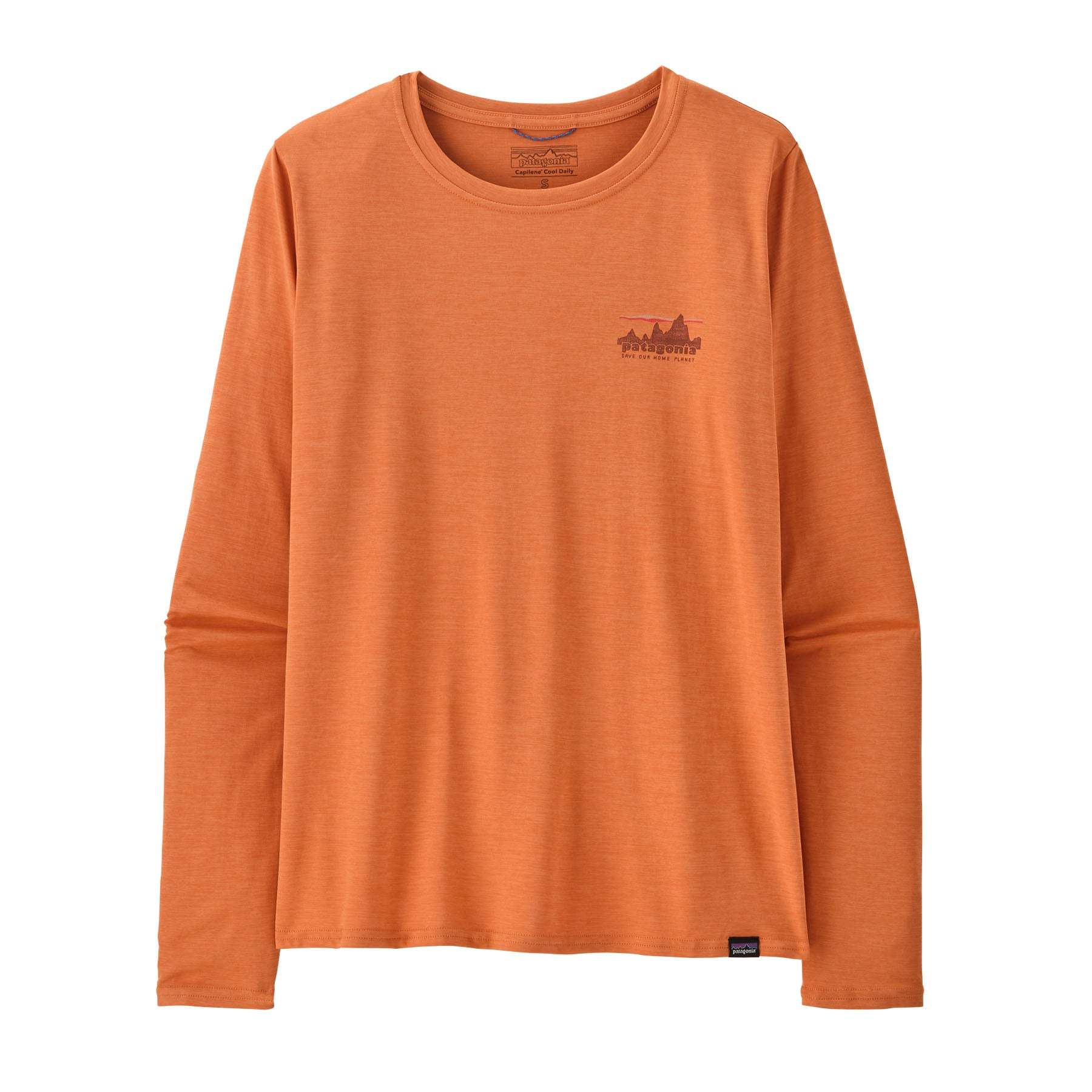 Orange long-sleeve Cap Cool Daily Graphic Shirt with odor control and recycled polyester, ideal for versatile outdoor use.