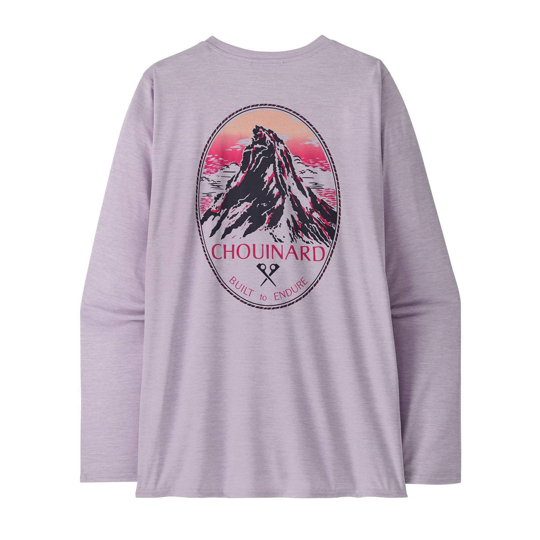 Women's long-sleeve Cap Cool Daily Graphic Shirt with mountain print, lightweight, quick-drying, and odor-resistant for versatile outdoor use.