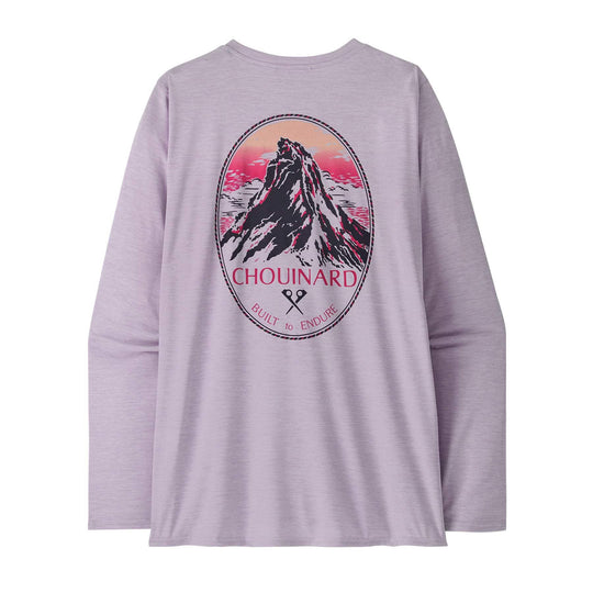 Women's long-sleeve Cap Cool Daily Graphic Shirt with mountain print, lightweight, quick-drying, and odor-resistant for versatile outdoor use.