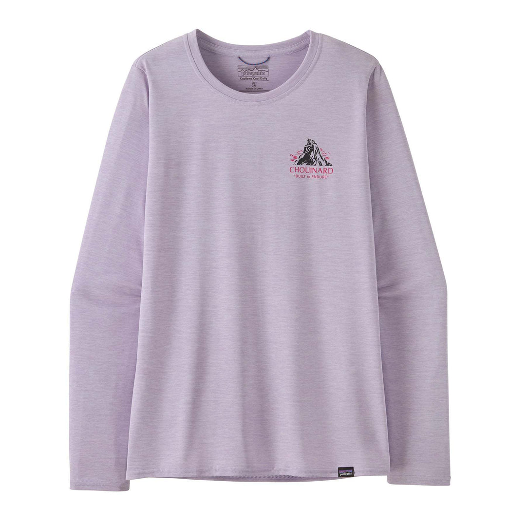 Women's long-sleeve Cap Cool Daily Graphic Shirt in light purple, featuring advanced moisture-wicking, odor control, and recycled polyester for versatile outdoor comfort.