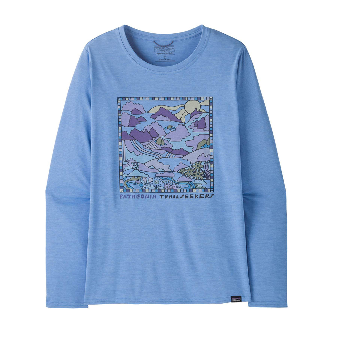 Women's long-sleeve Cap Cool Daily Graphic Shirt in blue with mountain graphic, versatile technical wear with HeiQ® Mint technology for odor control.