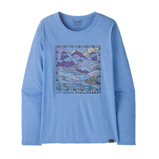 Women's long-sleeve Cap Cool Daily Graphic Shirt in blue with mountain graphic, versatile technical wear with HeiQ® Mint technology for odor control.