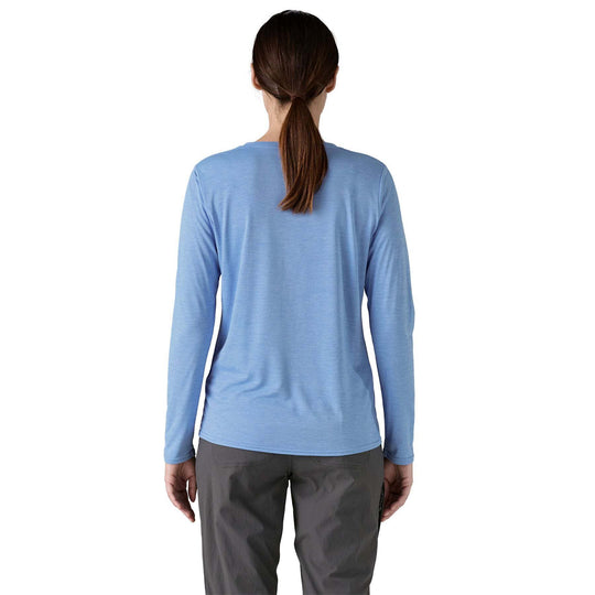 Women's blue long-sleeve Cap Cool Daily Graphic Shirt, moisture-wicking, odor control, recycled polyester, Fair Trade Certified.