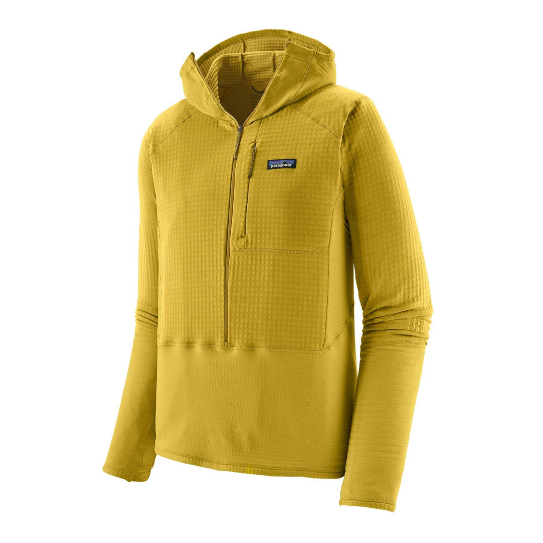 M's R1 Hoody Pile tecnico versatile per alpinismo, colore giallo, modello M's R1 P/O Hoody con cappuccio, zip frontale e tasca sul petto.