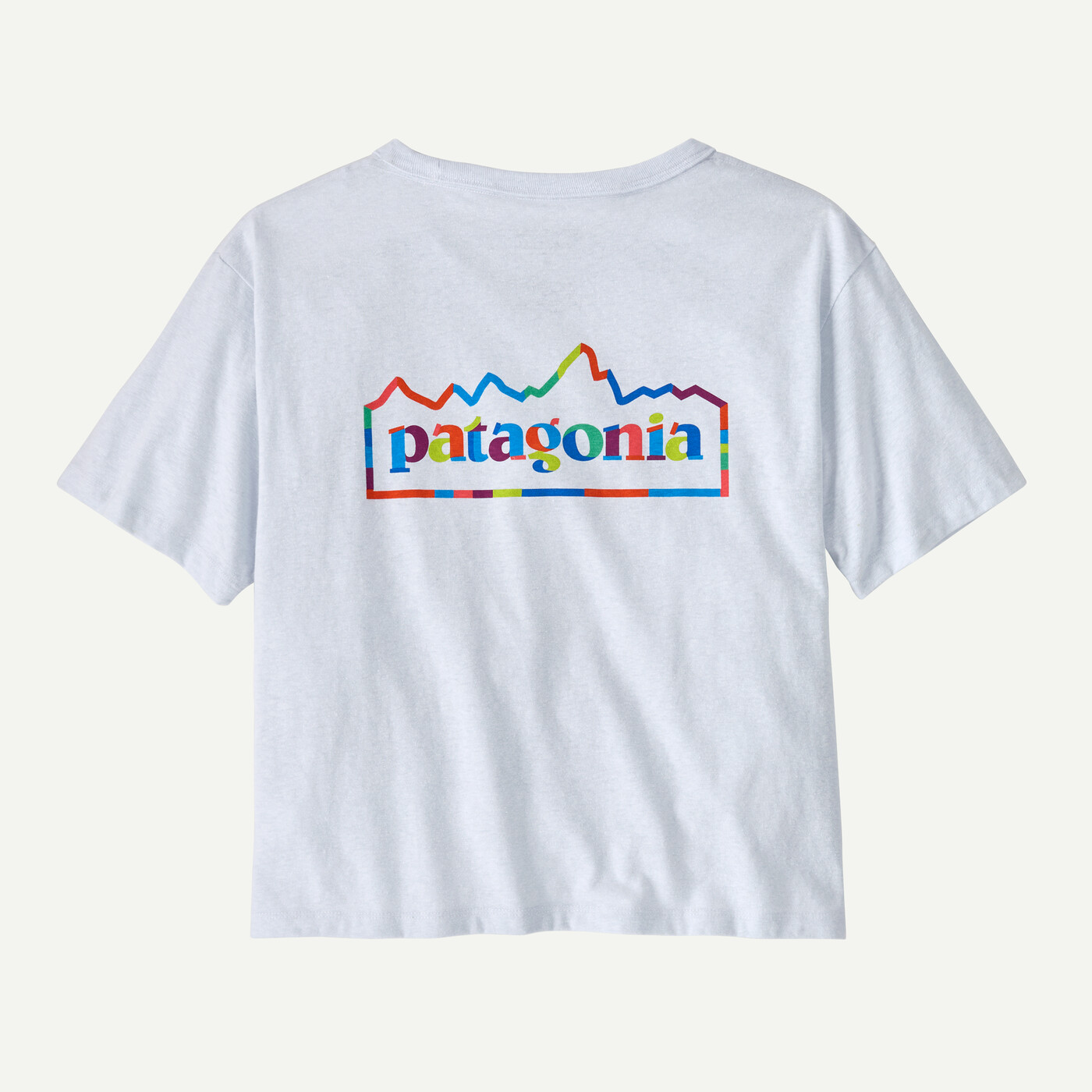 W's Unity Fitz Easy Cut Responsibili-Tee by Patagonia with colorful logo design, made from recycled materials.