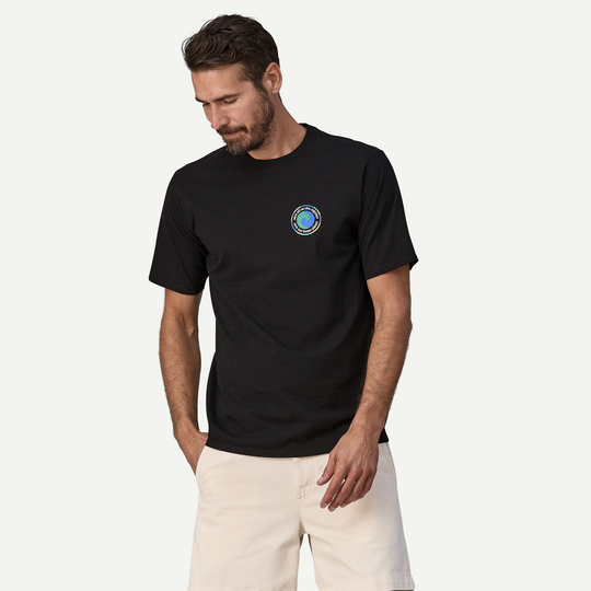 M's Unity Fitz Responsibili-Tee, black recycled materials t-shirt with Earth symbol, crew neck design.