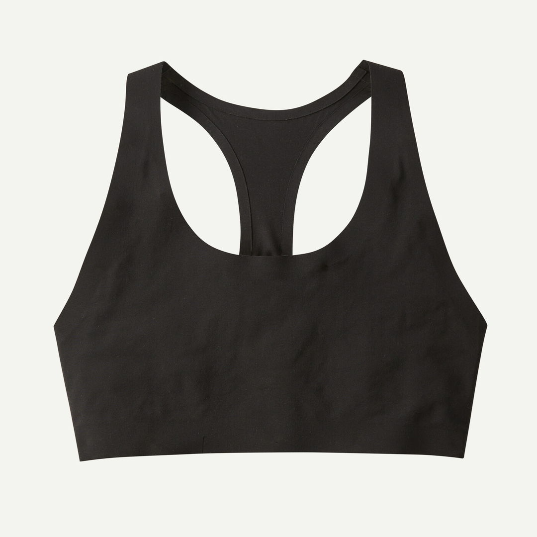 Live Simply Bra in black, minimalist design, racerback, soft tricot fabric, Fair Trade Certified, low impact support.