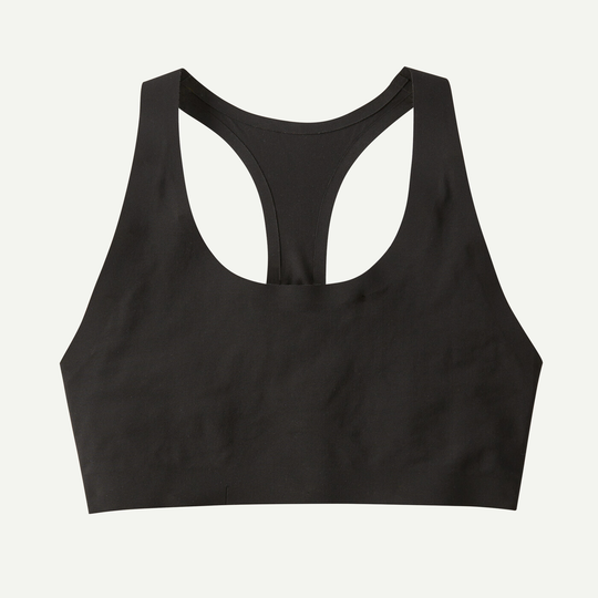 Live Simply Bra in black, minimalist design, racerback, soft tricot fabric, Fair Trade Certified, low impact support.