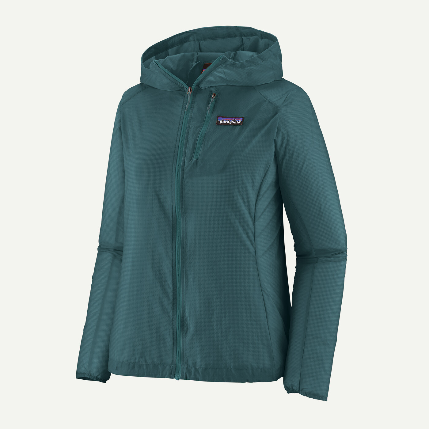 Women's lightweight Houdini Jacket in recycled nylon, teal color, with adjustable hood and zip chest pocket.