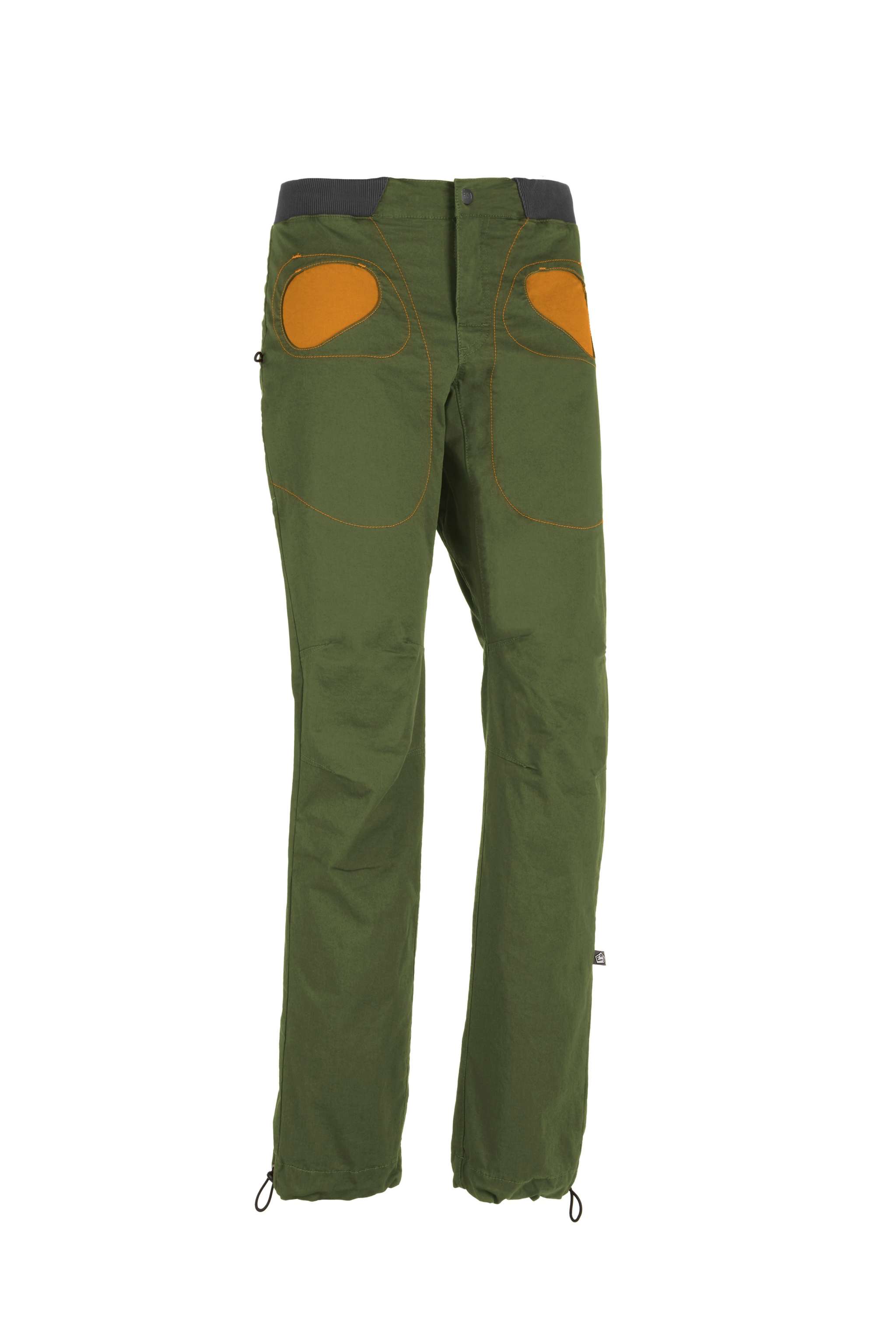 Pantaloni outdoor in cotone biologico elasticizzato con tasche a contrasto e vita regolabile per arrampicata e attività outdoor.