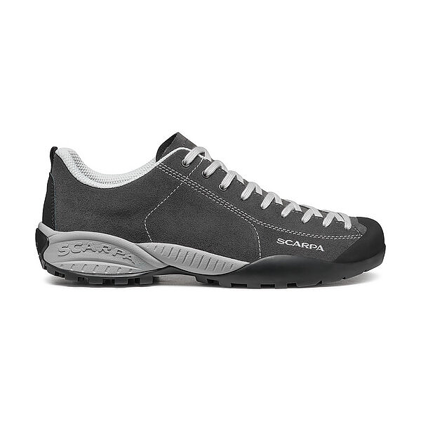 Iconic Mojito, Shark shoe by SCARPA in gray suede with climbing-inspired lacing.