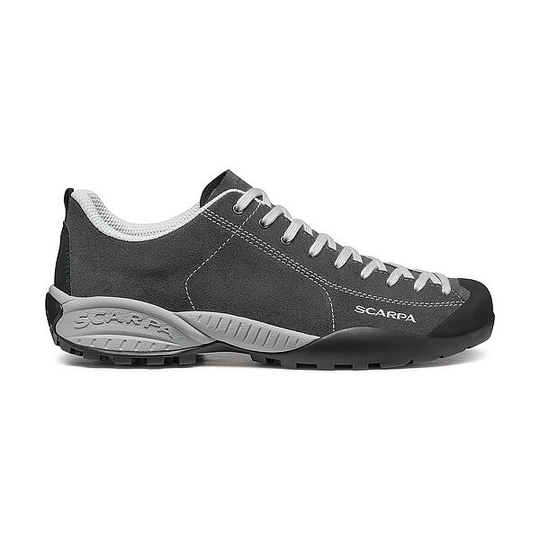 Iconic Mojito, Shark shoe by SCARPA in gray suede with climbing-inspired lacing.