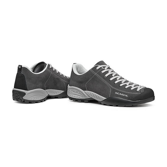 Iconic "Mojito" shoes by SCARPA in shark color, featuring suede water-repellent upper, climbing-inspired lacing, and Vibram® sole.