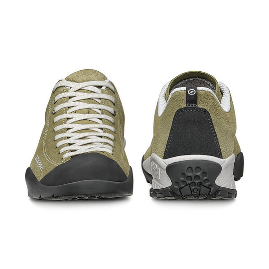 Mojito Sage shoes by SCARPA, olive green suede, climbing-inspired laces, rubber toe protection, Vibram® sole.
