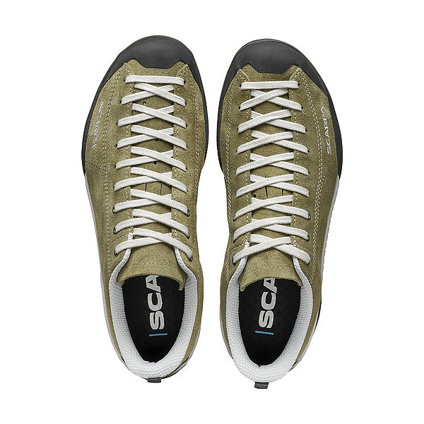 Mojito Sage shoes by SCARPA with climbing-style extended lacing and Vibram® rubber sole.