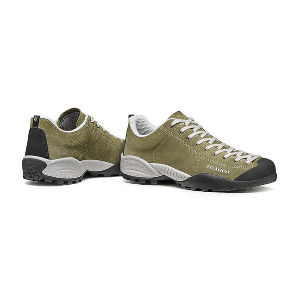 Mojito Sage shoes by SCARPA with extended climbing-style lacing and Vibram® rubber soles.
