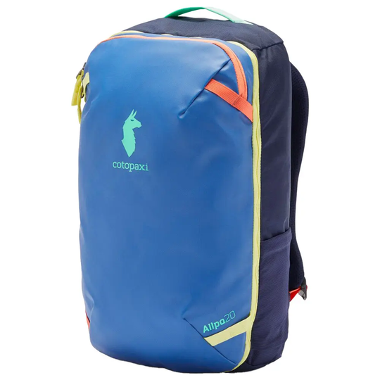 Allpa Mini 20L Travel Pack in blue with colorful accents, featuring durable recycled materials and multiple compartments.